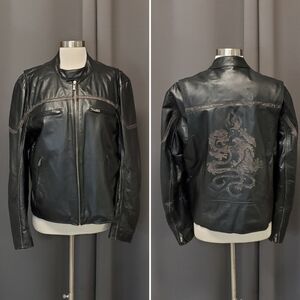 Vintage 90s y2k RARE Black Wilsons Leather Dragon Back Racer Racing Car Coat Md